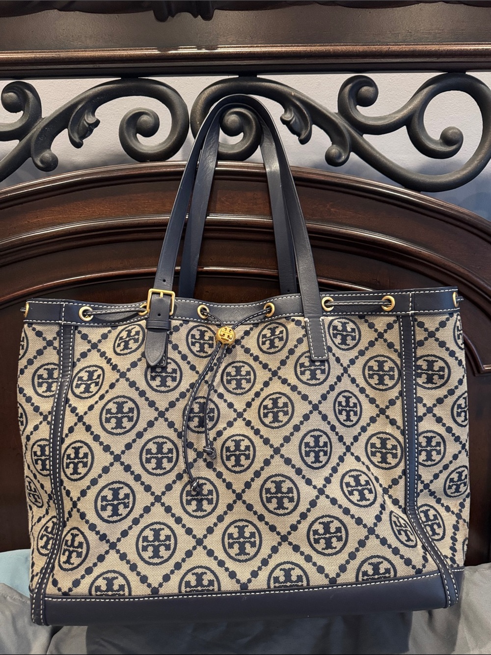 Tory Burch Navy and Beige Logo Canvas Drawstring Tote with Leather Trim